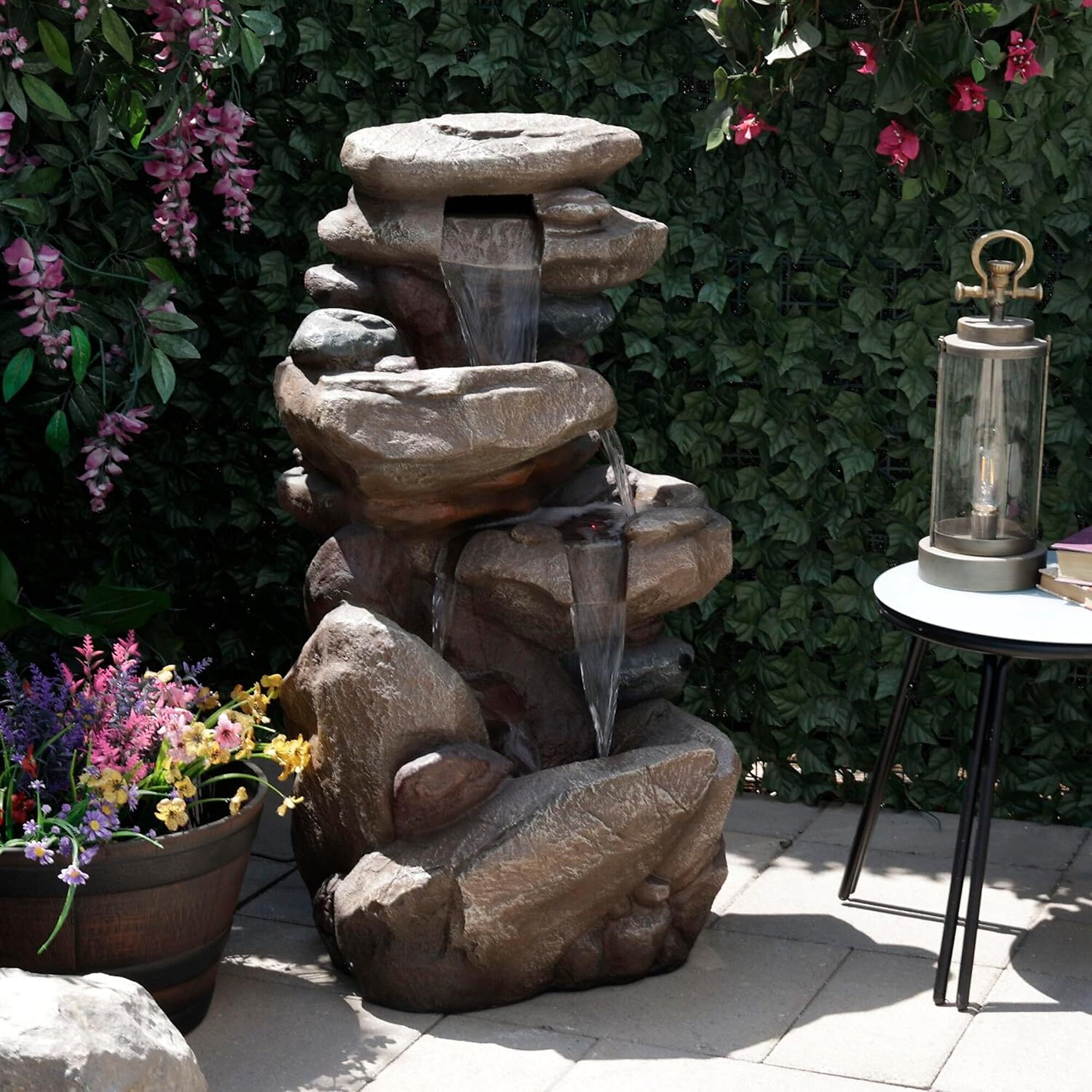 Alpine Corporation WIN315 40" Tiered Brown Rock Fountain with Color Changing LED & Remote Tranquil Water Feature with Cascading Streams for Garden, Patio, Yard, Deck, and Porch